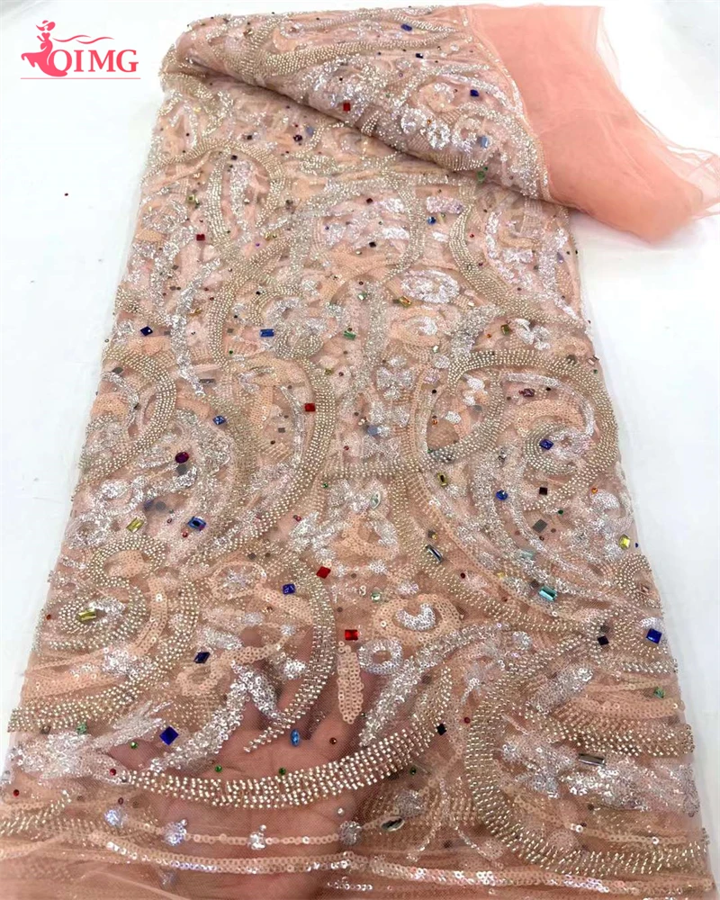 

Handmade Crystal Stones Beads Lace Fabrics 2023 New Arrival Sequence Beaded Bridal Embroidered French Lace Fabrics for Sewing