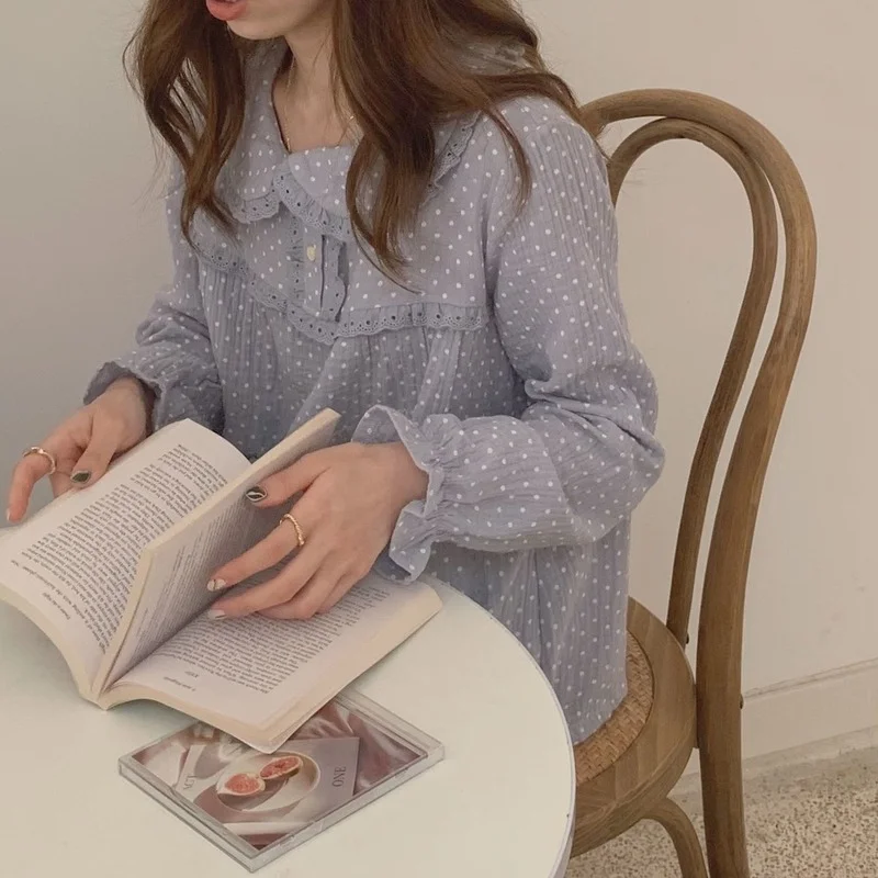 QWEEK Cotton Women's Nightwear Polka Dot Print Pajamas Korean Style Sleepwear Female Set Woman 2 Piece Pijama Kawaii Pyjama Suit