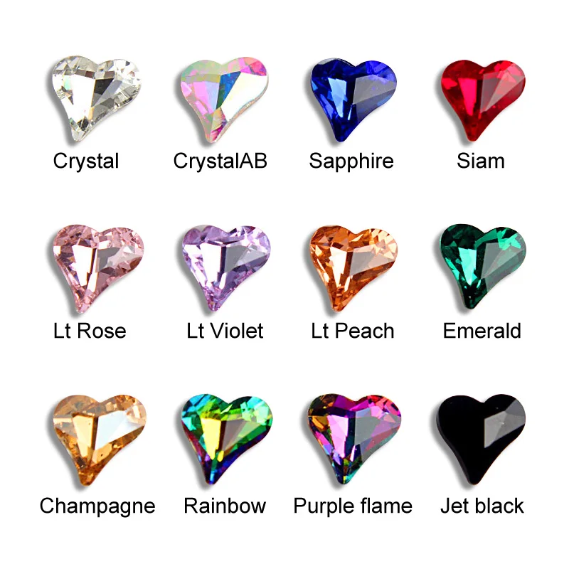 

12mm Crooked Heart Rhinestones Mix color Glass Crystal For DIY 3D Nail Art Accessories