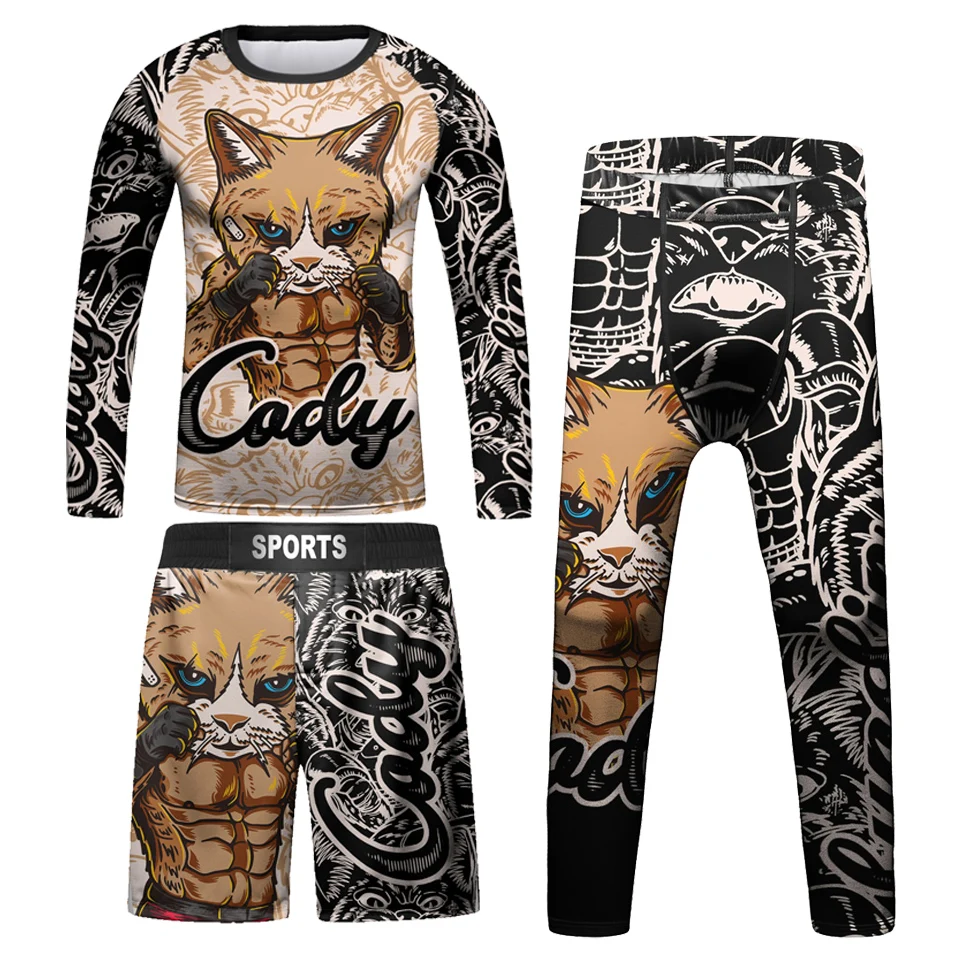 Фото Детские комплекты из футболки и штанов для занятий кикбоксингом Bjj Rashguard Jiu детские шорты для занятий в тренажерном зале для мальчиков Одежда для ММА компрессионные колготки №2