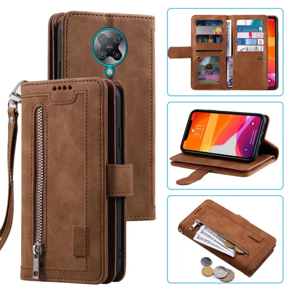 

9 Cards Wallet Case for Redmi K30 Pro Zoom/For Xiaomi Poco F2 Phone Case Card Slot Zipper Flip Folio With Wrist Strap