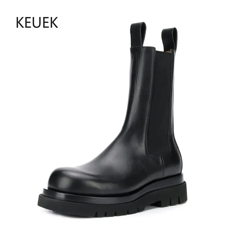 

Luxury Design Men Chelsea Boots Thick Sole Genuine Leather Ankle Boots Outdoor Hiking Shoes Street Motorcycle Boots Botines 2C
