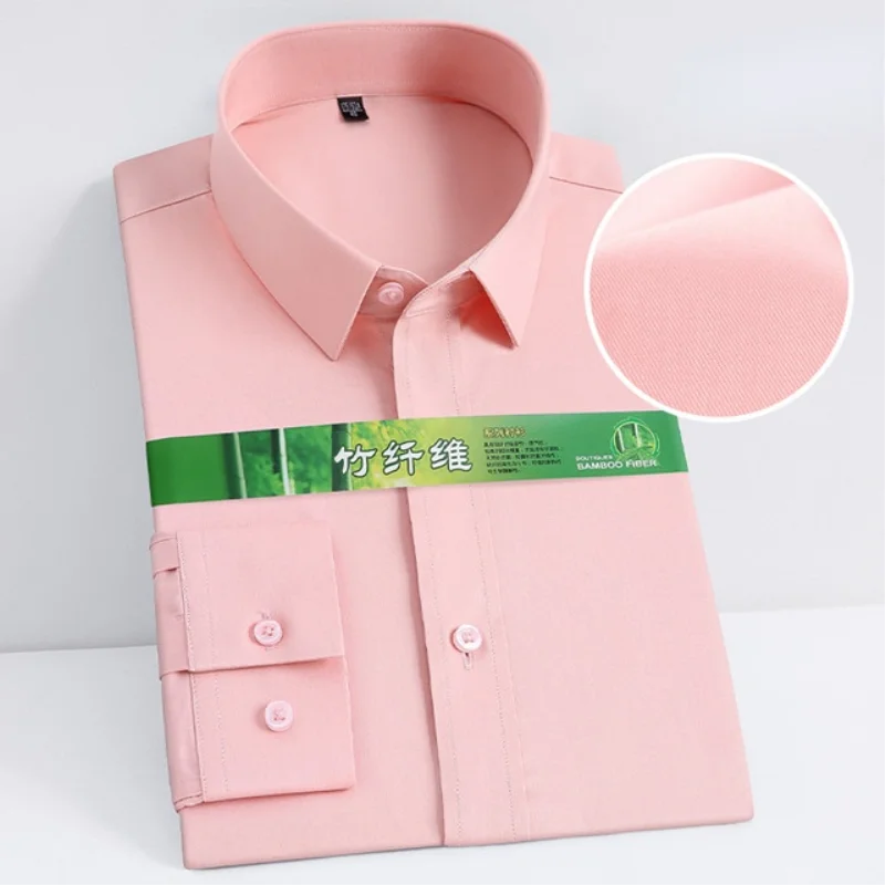 Stretch Anti-Wrinkle Men's Dress Shirt Long Sleeve Bamboo Fiber For Men Shirts Formal Social Camisas White Shirts without Pocket