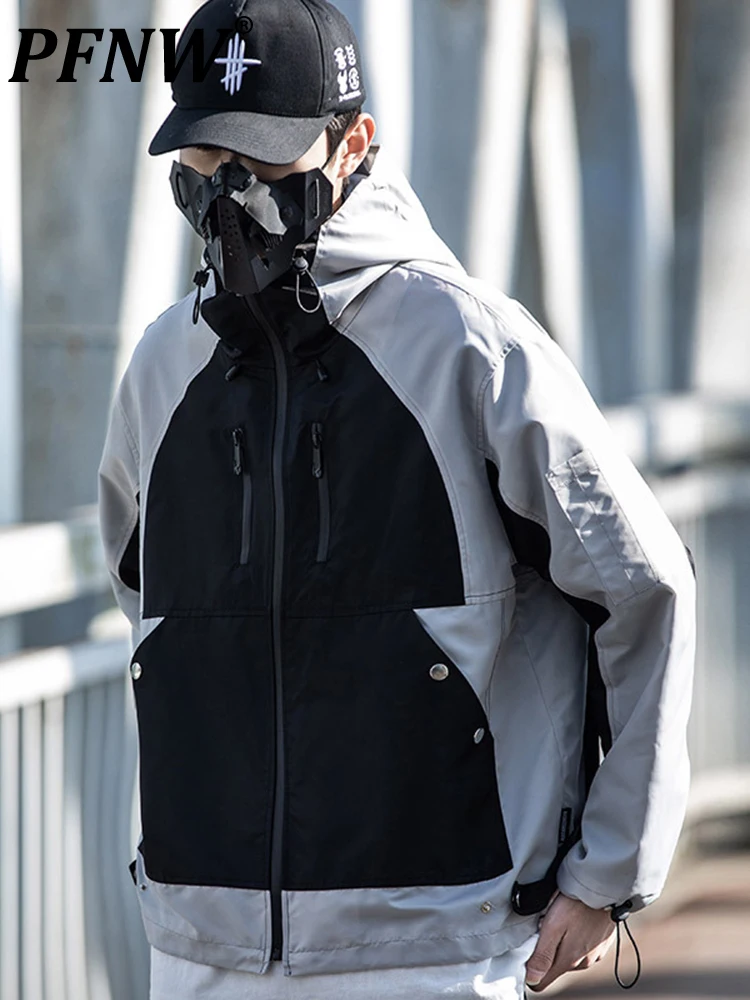 

PFNW Autumn New Tide Fashion Brand Splice Color Blocking Stormsuit Men's Hooded Loose Techwear Functional Wind Work Coat 12A4259