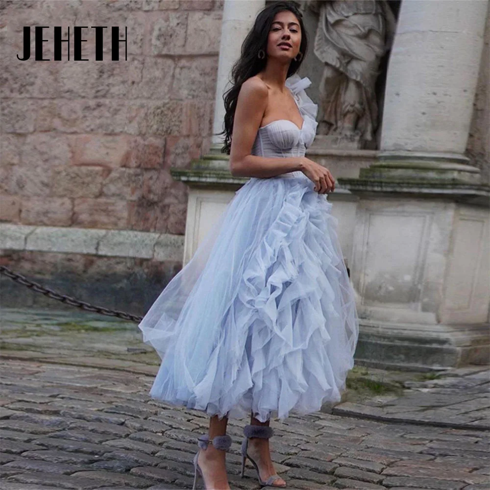 

Light Blue Prom Dress One-Shoulder Tulle Ruffles Illusion Tea-Length Formal Party Evening Gowns Vestido Longo Festa De Casamento