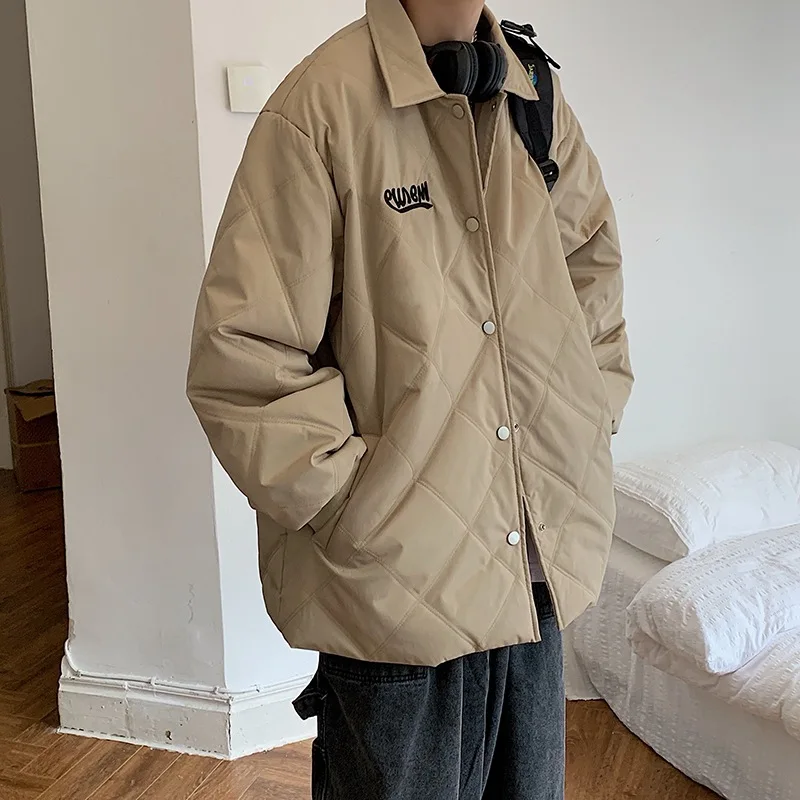 

Retro Rhombus Lapel Cotton-Padded Coat Coat Men's and Women's Same Harajuku Style Loose Thick Cotton-Padded Coat Men's Winter