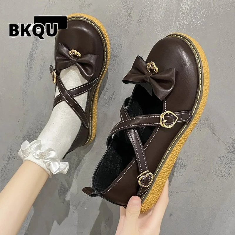 

Lovely Women Round Toe Lolita Pumps Japanese Ankle Strap Low Heels Leather Pumps Sweet Bowtie Princess Party Shoes Plus Size