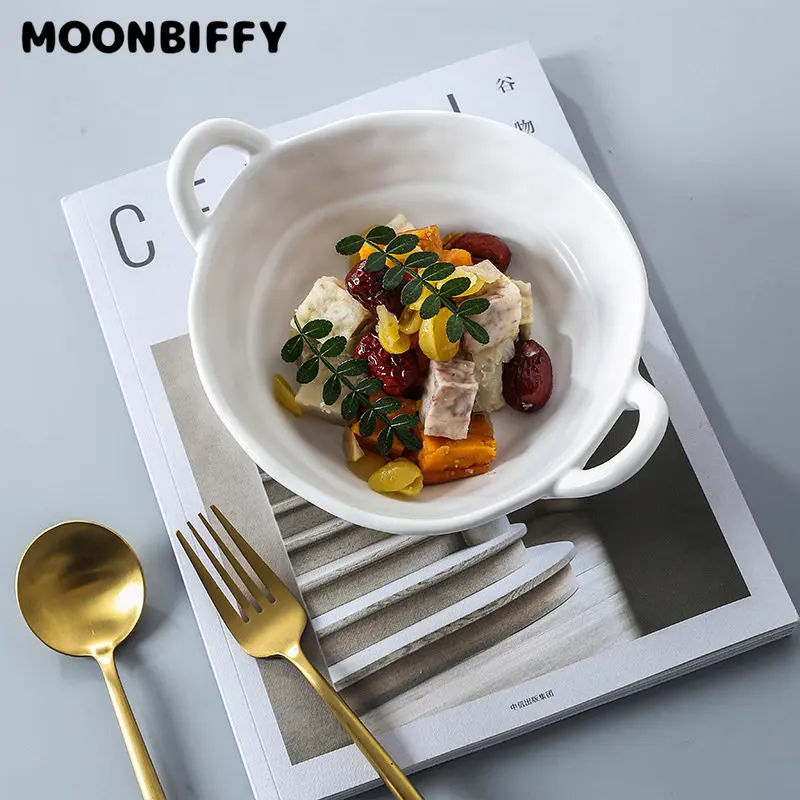 

Household Ceramic Bowl Soup Salad Bowls with Handle Kitchen Tableware Fruit Bowl Microwave Oven Bakware Pasta Bowl