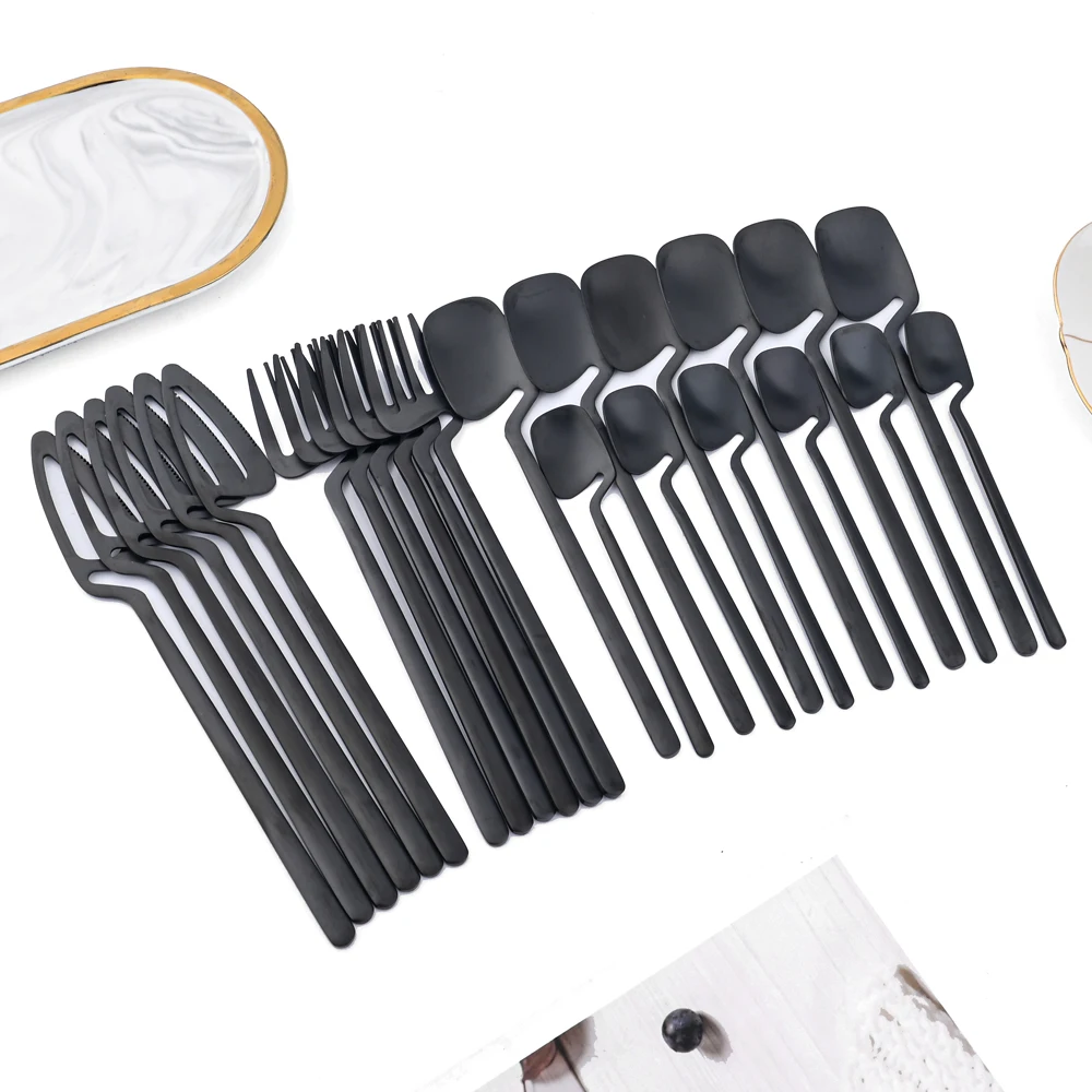 

16/24pcs Black Dinnerware Set Stainless Steel Knife Fork Spoon Cutlery Set Matte Tableware Flatware Party Western Kitchen