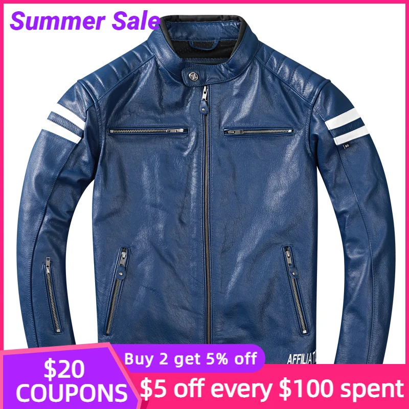 Мужская Байкерская кожаная куртка синяя облегающая - Цена: 12031.95