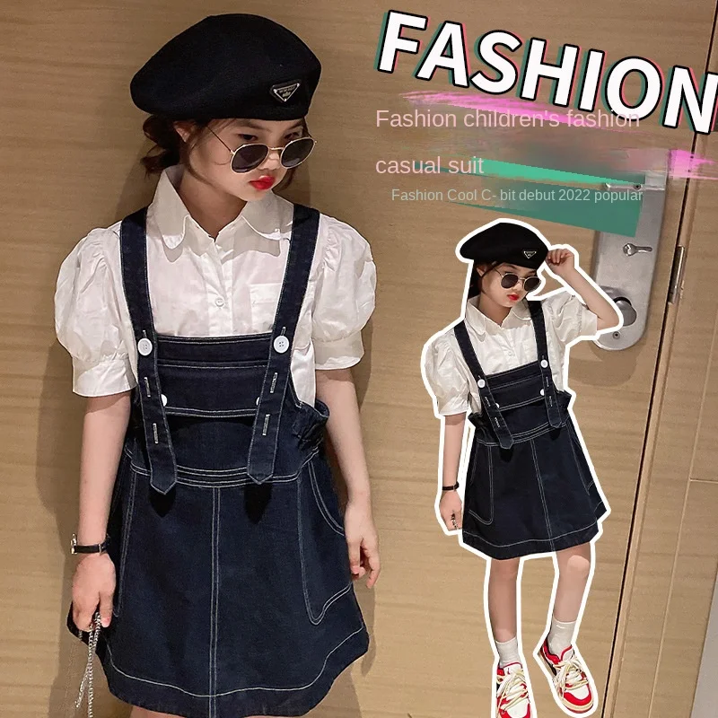 

Комплект для девочек, Новинка лета 2023, Детская летняя Корейская версия, джинсовая юбка с поясом в западном стиле, 2 предмета