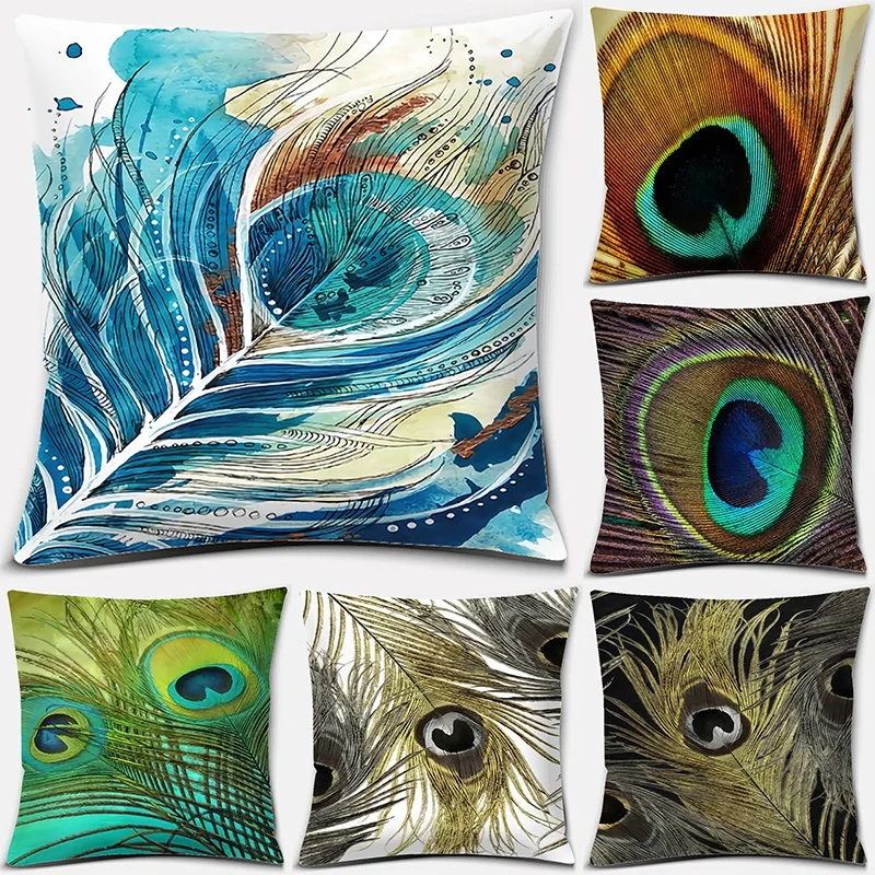 

Peacock feather series pattern decorative pillowcase, square pillowcase, home office decoration funda de almohada