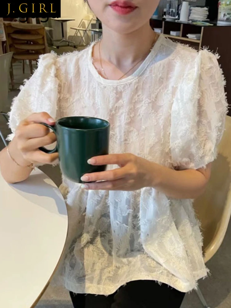 

J GIRLS Tassel Shirts Women Puff Short Sleeve Loose Ruffles Patchwork Blouse Summer Elegant Korean Chic O Neck Female Sweet Tops