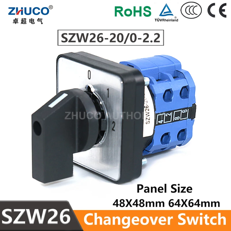 Фото ZHUCO SZW26/LW26-20/0-2,2 LW28 LW39B Выбор переменного тока, 2 полюса, 8 клемм, 0-1-2, трехпозиционный кулачковый переключатель управления питанием, 20 А, 660 В №5