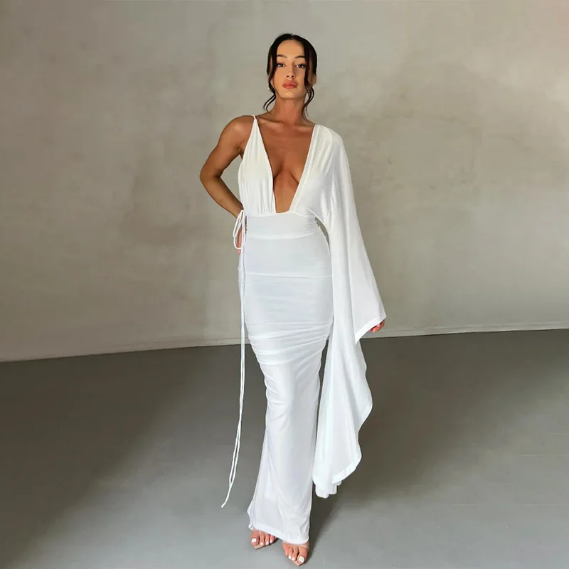 

One Sleeve Dress for Women Elegant Maxi Backless V-Neck Ruched Bodycon Party Evening Dresses Black White Dresses 2023 Autumn New