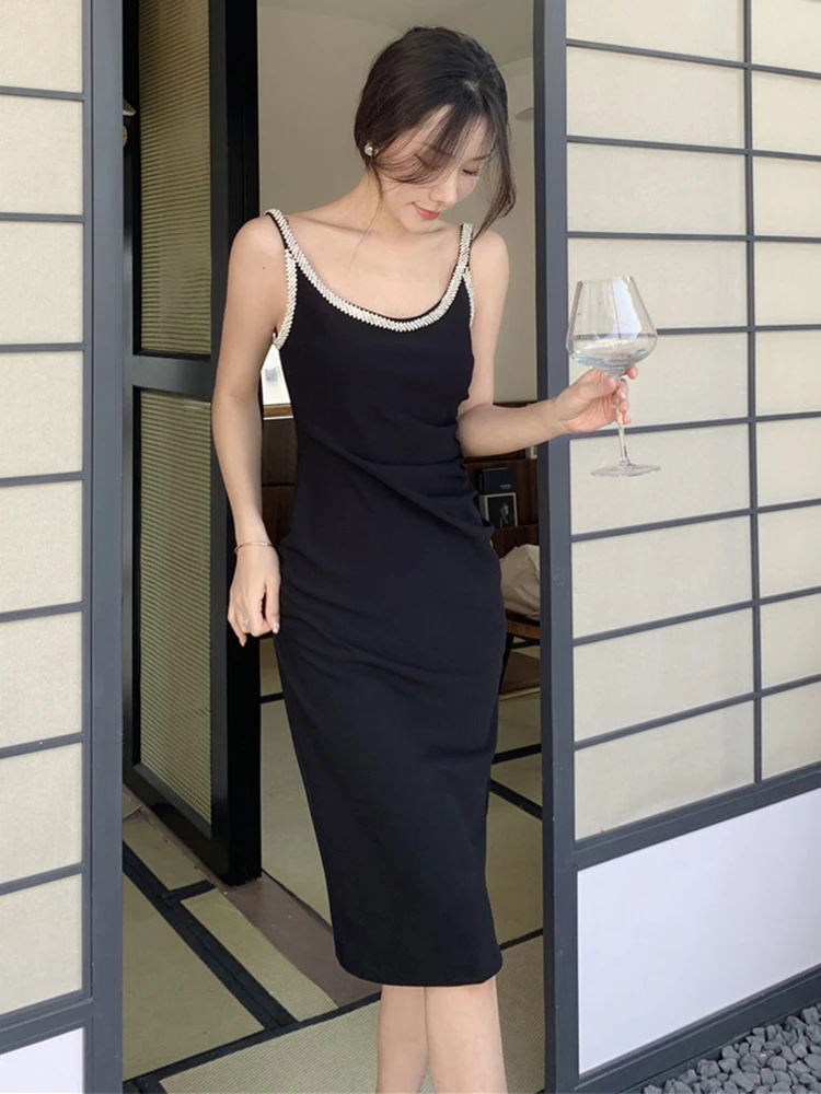 

Black Elegant Women Evening Dress Chic Diamonds Strap Backless Midi Club Gown Robe Femme Sexy Ropa Mujer Verano Vestidos Luxo