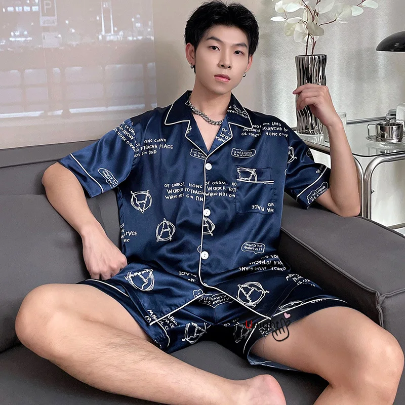 Men Short Set Satin Silk Large Size Pyjamas Summer Sleepwear Home Clothes Stripe Sleep Tops Big Size 4XL Plaid Pijama Hombre images - 6