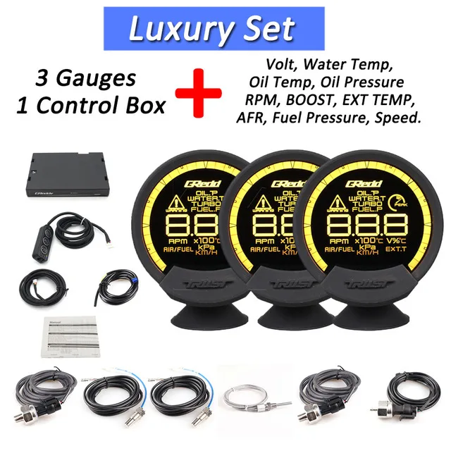 

1 set Greddi Sirius Meter 7Colors 3 Gauge monitor + 1 Obd controller + 6 Sensor Water Temp/Oil Temp/Oil Press/Fuel Press /Turbo