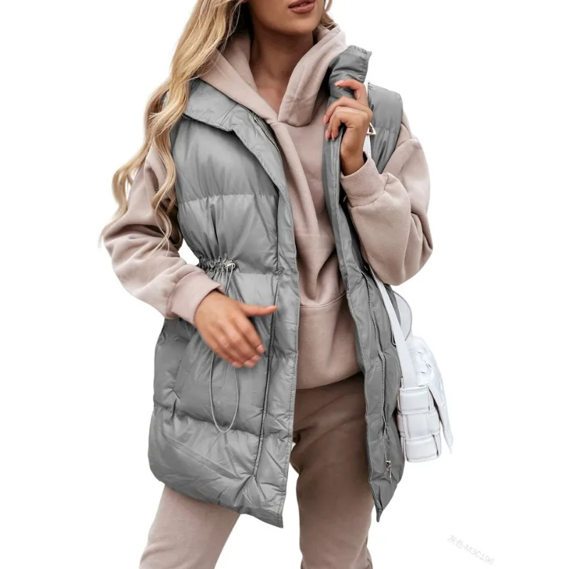 

2023 зимний пуховой жилет, женская повседневная куртка на молнии без рукавов с кулиской на талии, длинные жилеты, парки, толстый теплый длинный женский жилет