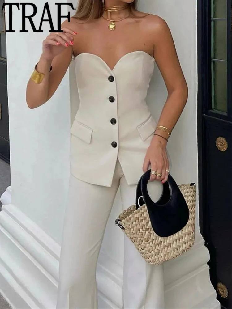 

Бежевый Корсет-топ TRAF, Женский бюстье с открытыми плечами, женский сексуальный топ Y2k, летние топы-трубы, женская уличная одежда, бюстье без р...