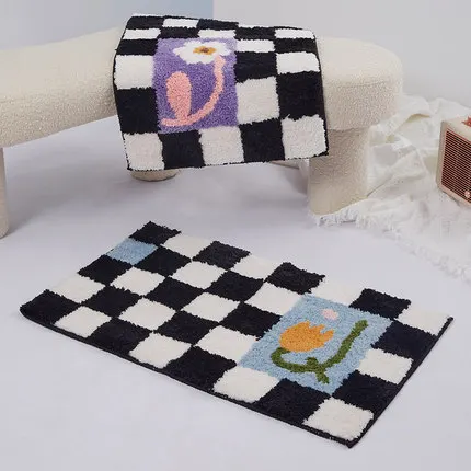 

Tufted Rug Checkboard Bathmat Soft Bathroom Rug Fluffy Mat Carpet Floor Anti Slip Safety Pad Aesthetic Summer Home Room Decor