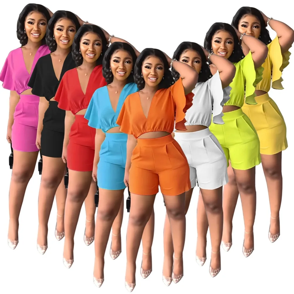 

Fashion Two Piece Sets for Women Tracksuit Sexy V Neck Ruffled Sleeve Crop Top Pockets Shorts Suits 2023 Summer Casual Outfits