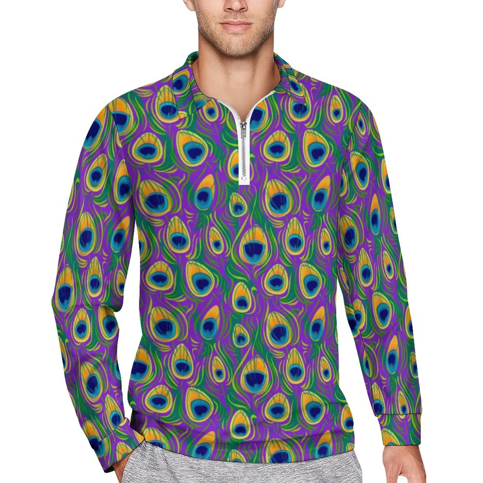 

Pretty Birds Polo Shirts Male Peacock Feathe Print Casual Shirt Spring Y2K Collar T-Shirts Long Sleeve Custom Oversize Tops