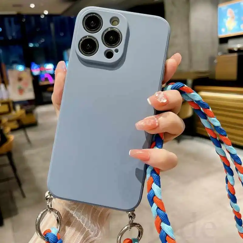 

Crossbody Lanyard Case for iPhone 14 13 12 Mini 11 Pro Max XR XS X 7 8 Plus Necklace Candy Color Soft Silicone Braid Strap Cover