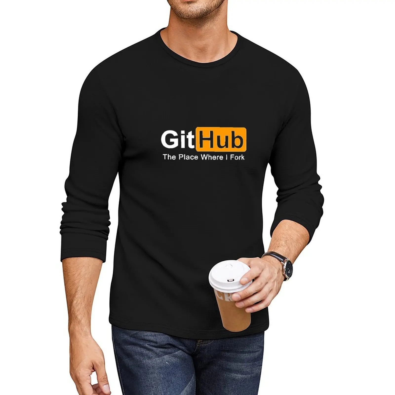 Фото Длинная футболка Github The Place Where I Fork для программирования, черная футболка, футболки, эстетичная одежда, одежда в стиле аниме, мужская одежда №1