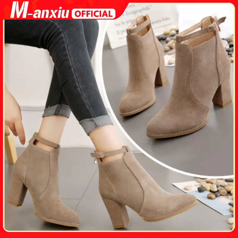 

Spring and Autumn New Solid Color Temperament British Style Thick Heel High Heels Fashion Rear Zipper Large Size Martin Boots