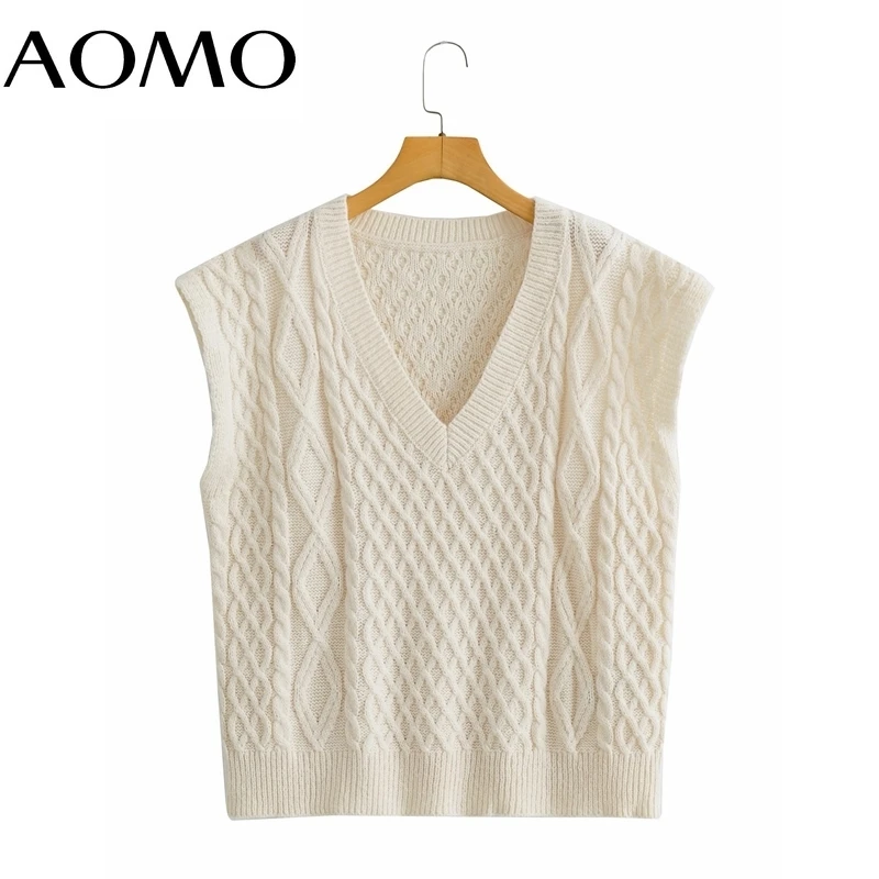 

AOMO Women 2021 Fashion Twist Oversized Knitted Vest Sweater V Neck Sleeveless Female Waistcoat Chic Tops AI80A