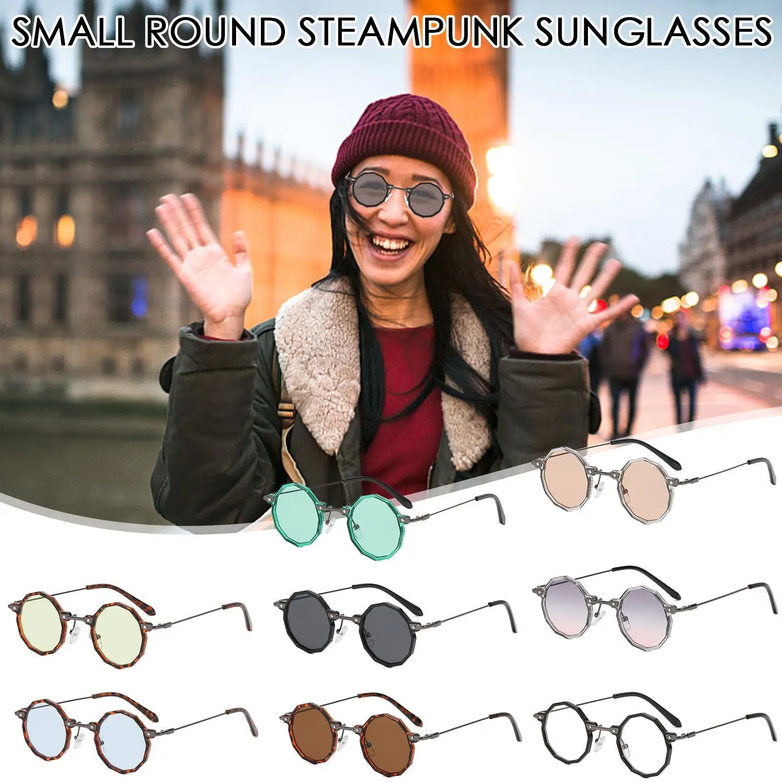 

Retro Polygon Small Round Steampunk Sunglasses Women Fashion Clear Ocean Lens Shades UV400 Men Punk Gradient Sun Glasses