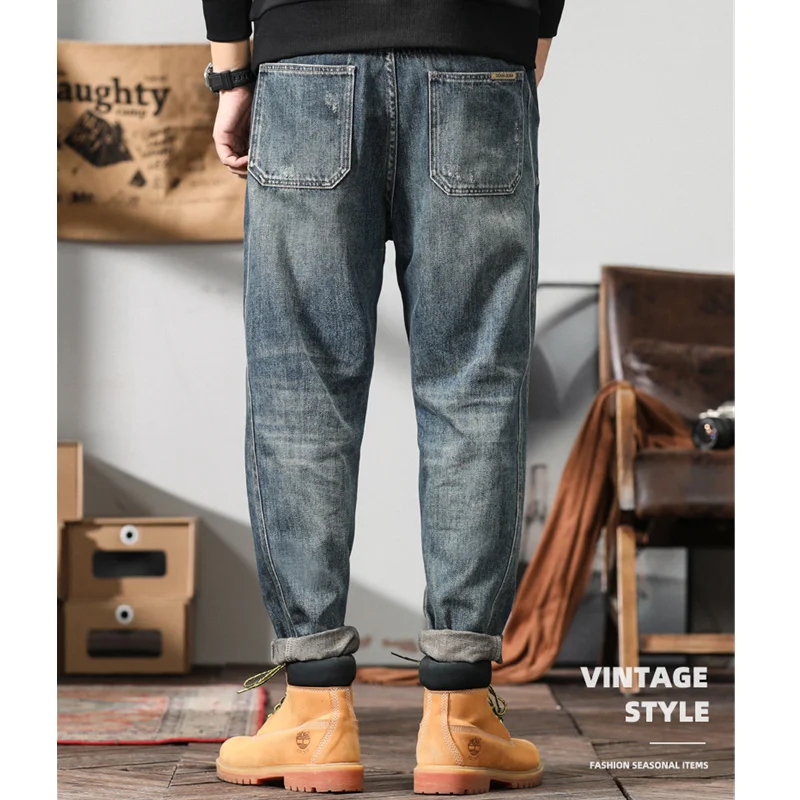 Men Clothing New Pattern Recreational Vintage Broad Leg Blue Ripped Jeans Straight Cylinder Large Loose Cargo Pants Autumn Women