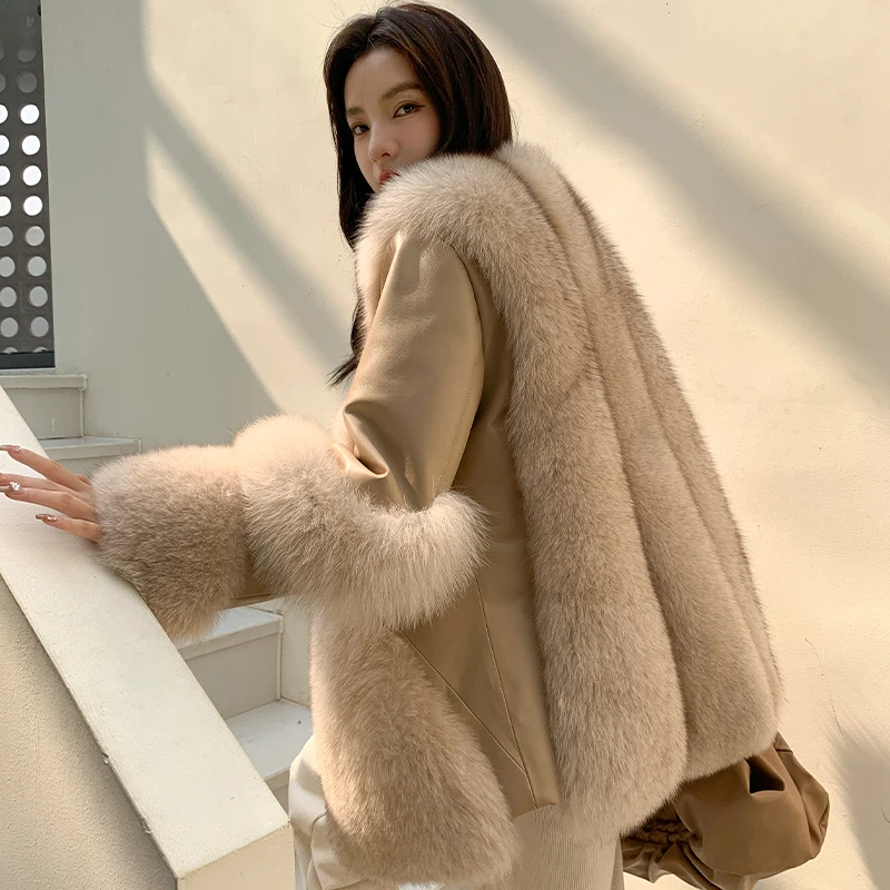 

Gorgeous Genuine Sheepskin Leather Jacket Women Natural Fox Fur Warm Coat Slim Full Pelt Fur Coats For Snow Winter Streetwear