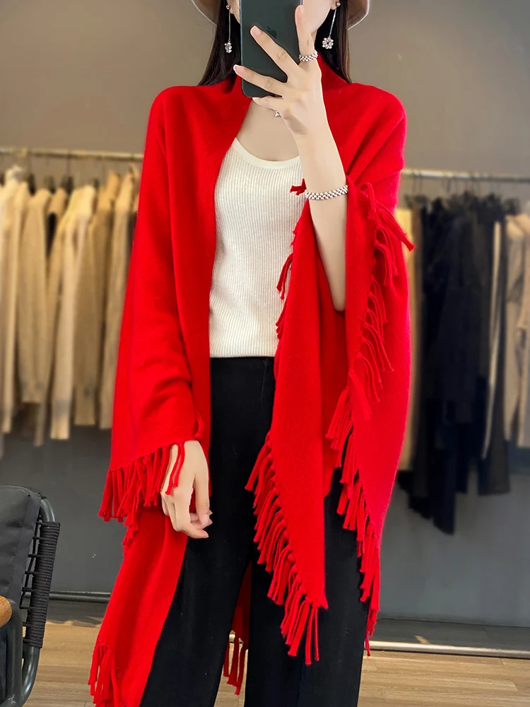 Осенне-зимний вязаный шарф из чистой шерсти 100% шаль Женская с большой кисточкой
