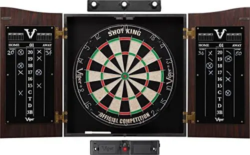 

Vault Cabinet & Shot King Sisal/Bristle Dartboard Ready-to-Play Bundle with Two Sets of Steel-Tip Darts, Throw Line, and Dry Bow