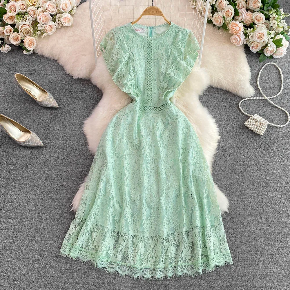 

Summer Retro High-quality Temperament Round Neck Flying Sleeves Waist Thin A-line Lace Dress Women