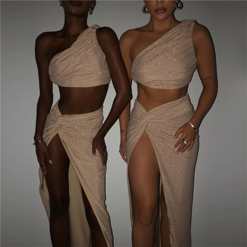 

Ruched Fashion Irregular Glitter Top and Skirt Slit Dress Set for Womens Outfits 2023 Summer Club Party Matching Sets