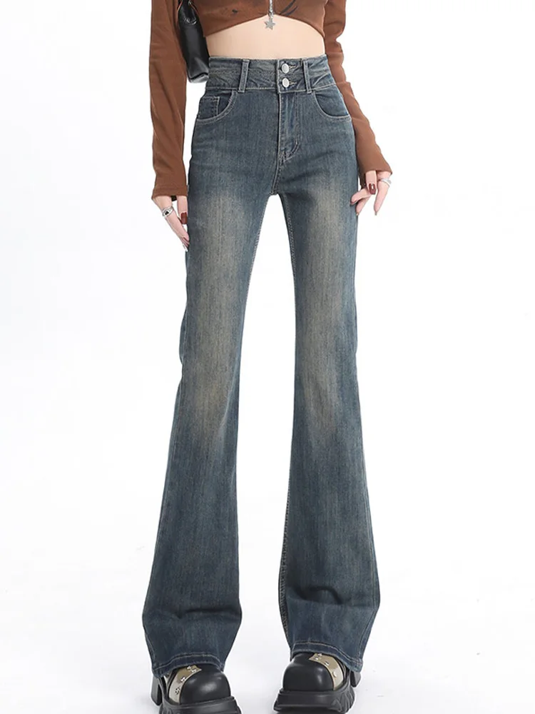 

Винтажные эластичные джинсовые Облегающие расклешенные брюки с высокой талией, осень 2023, Новая корейская модная женская одежда