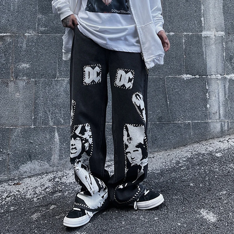 

Vintage Spoof Portrait Print Jeans Men's Loose Straight Wide Leg Pants Women's Hip Hop Street Skate Pants Y2K Mom Jeans