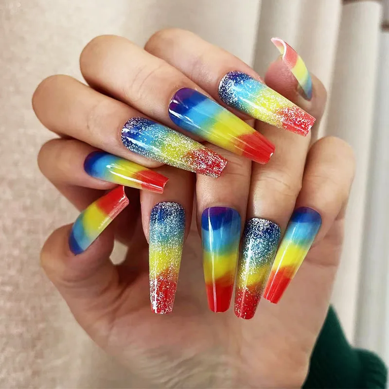 

24Pcs Press on Nails Colorful Rainbow Design False Nails with Design Wearable Long Ballet Coffin Fake Nails Manicure Tips