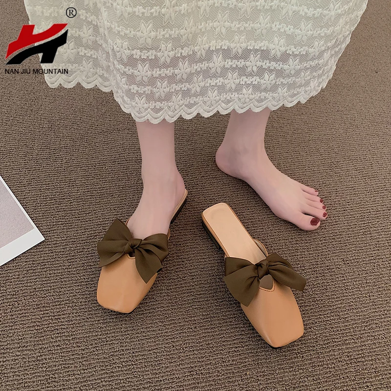 

2022 Women Sandals Summer Bow-Knot Slippers Outside Square Toe Flat Leather Slippers Simple