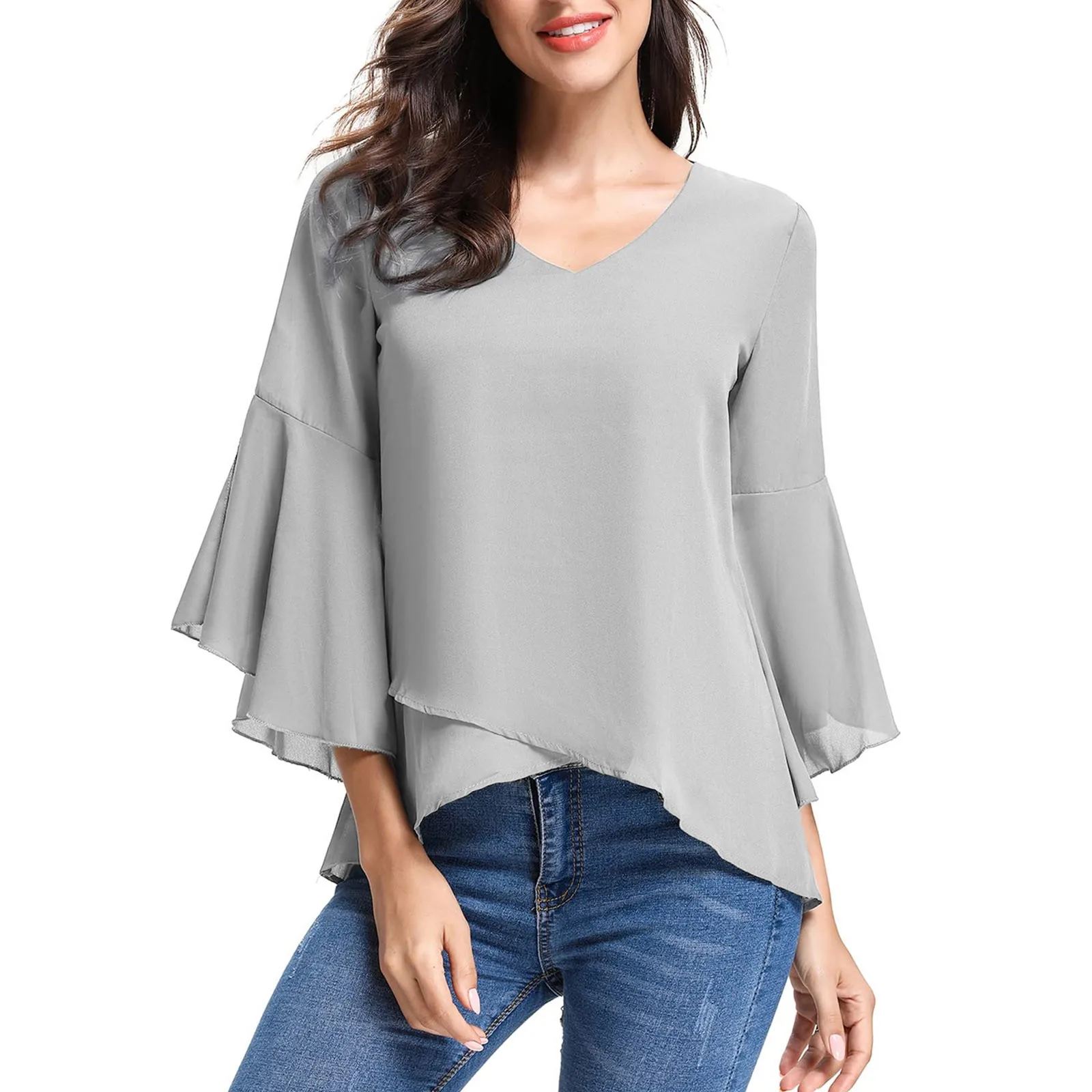 Женская шифоновая блузка с рукавами три четверти и V-образным вырезом |