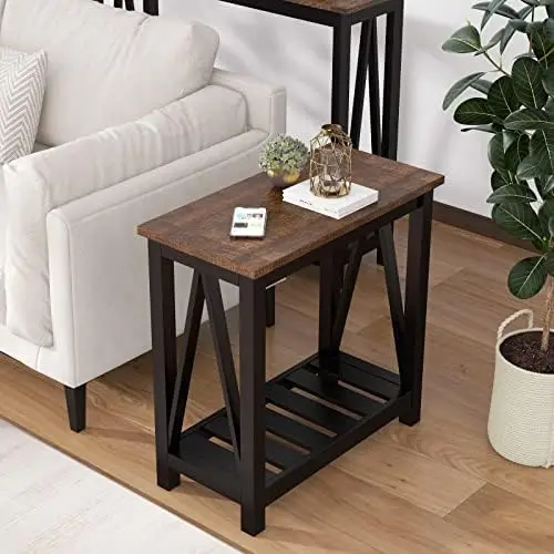 

End Table, Rustic Vintage Narrow End Side Table with Storage Shelf for Small Spaces, Nightstand Sofa Table for Living Room, Bedr
