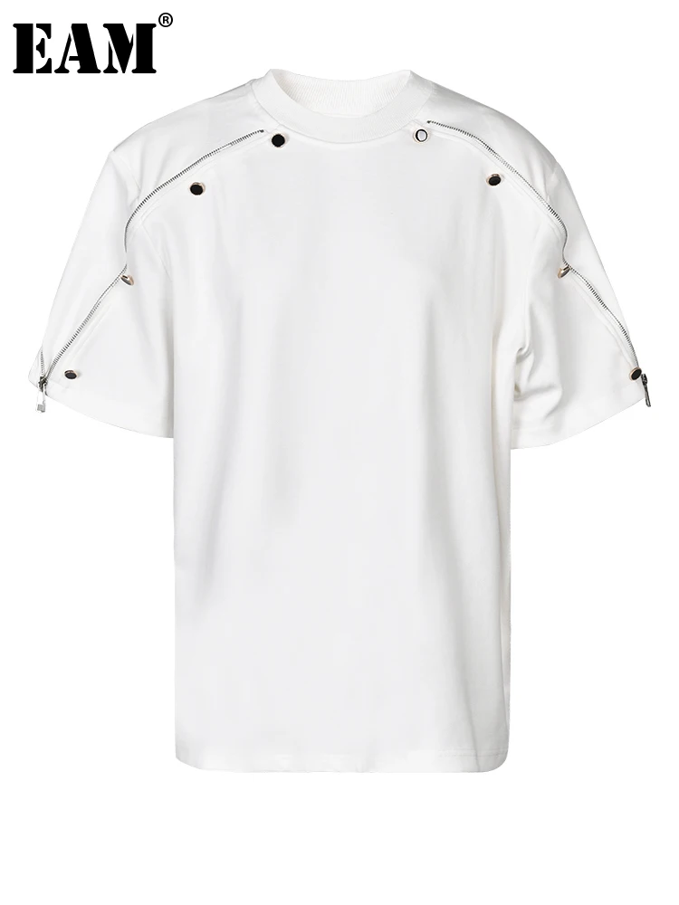 

[EAM] Women White Black Zipper Big Size Casual T-shirt New Round Neck Short Sleeve Loose Fit Fashion Spring Summer 2023 1DF8702