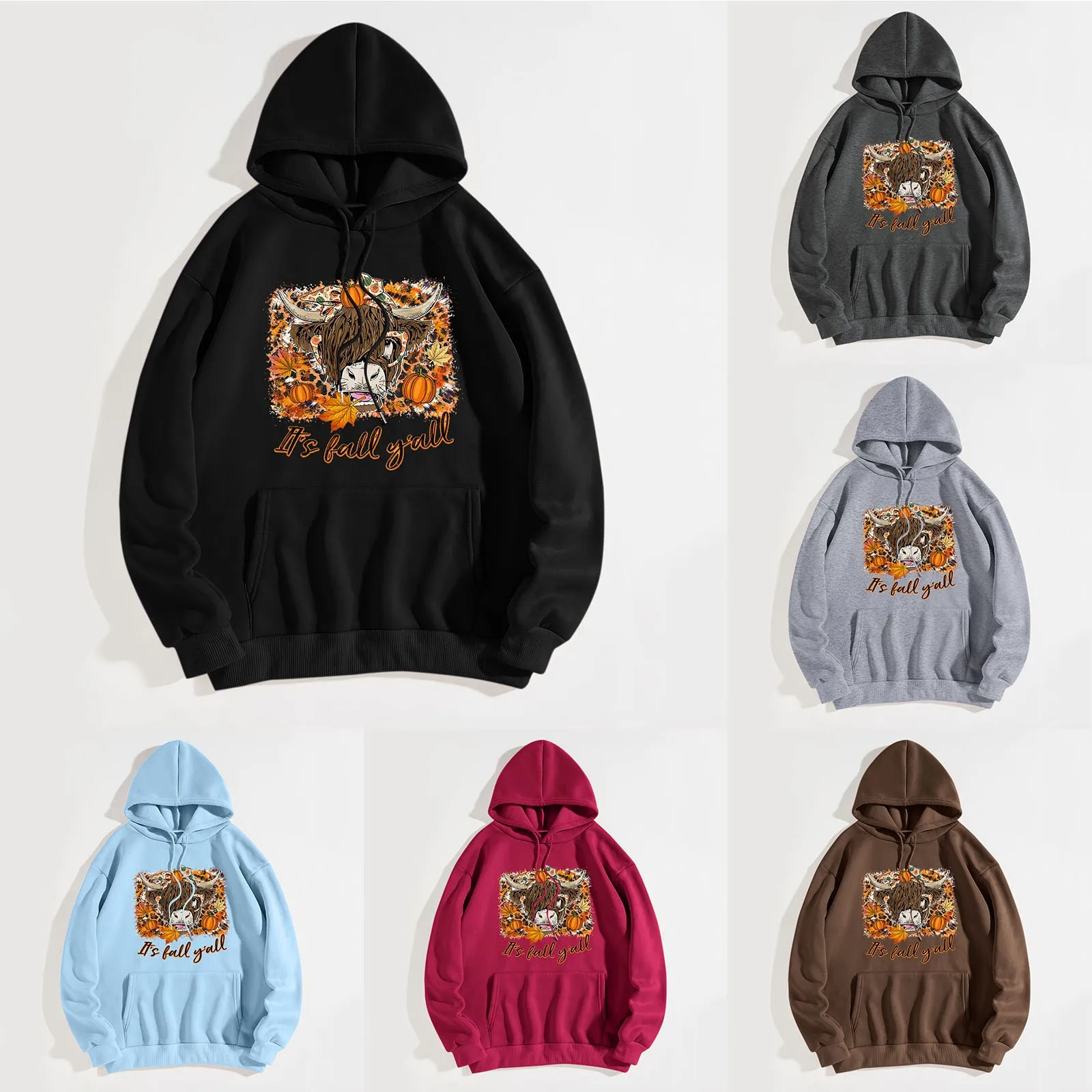 

Women IT'S FALL YALL Hooded Sweatshirt Merry Christmas High Land Cow Sweatshirt Hooded Round Neck Autumn Spring Gothic chic
