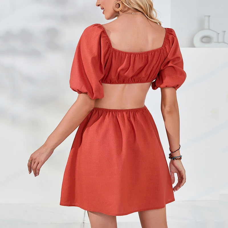 

Новинка 2022, однотонные пикантные платья с высокой талией и открытой спиной, женское летнее платье-трапеция мини с высокой талией, квадратны...