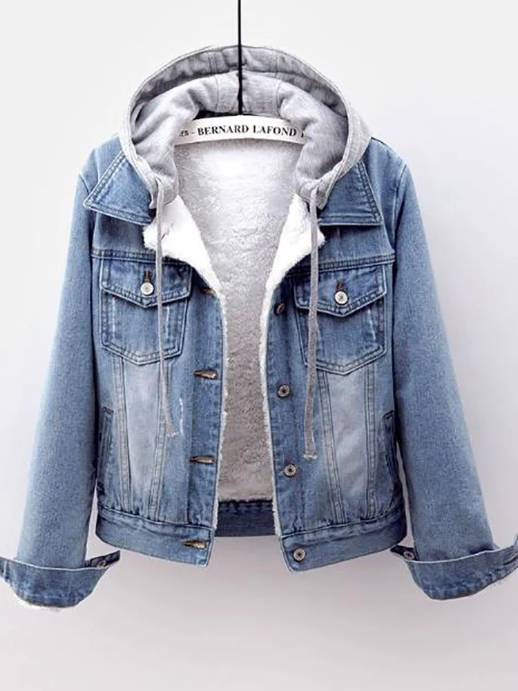 

Women Fleece Warm Winter Women Jean Jacket Pockets Button Soft Hooded Warm Outerwear Hooded Fashion Slim Denim Coats Female
