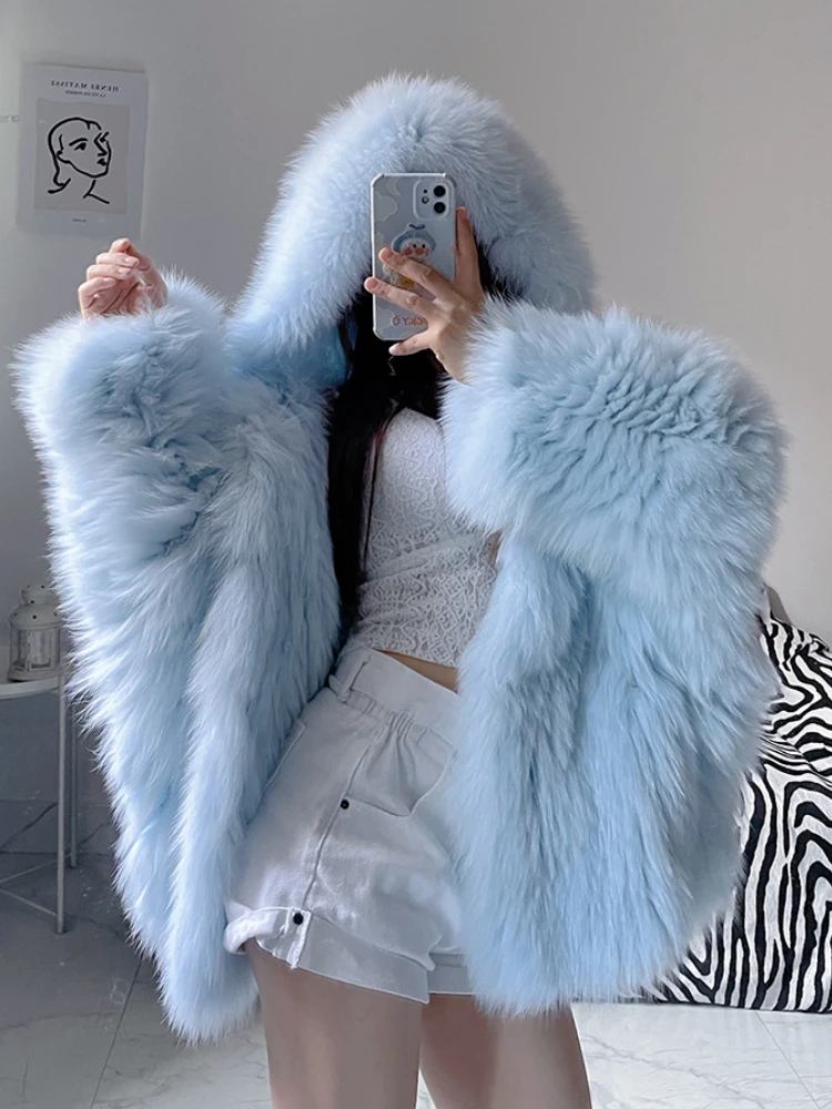 

Зимняя пушистая Толстая теплая мягкая куртка из искусственного меха с капюшоном для женщин с рукавом летучая мышь Свободная Повседневная Д...