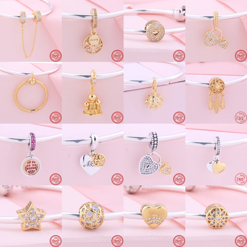 

925 Silver Golden Castle City Wall Bee Dangle Charm Pavé Clear Zircon Beads Fit Original Pandora Bracelet Women DIY Fine Jewelry